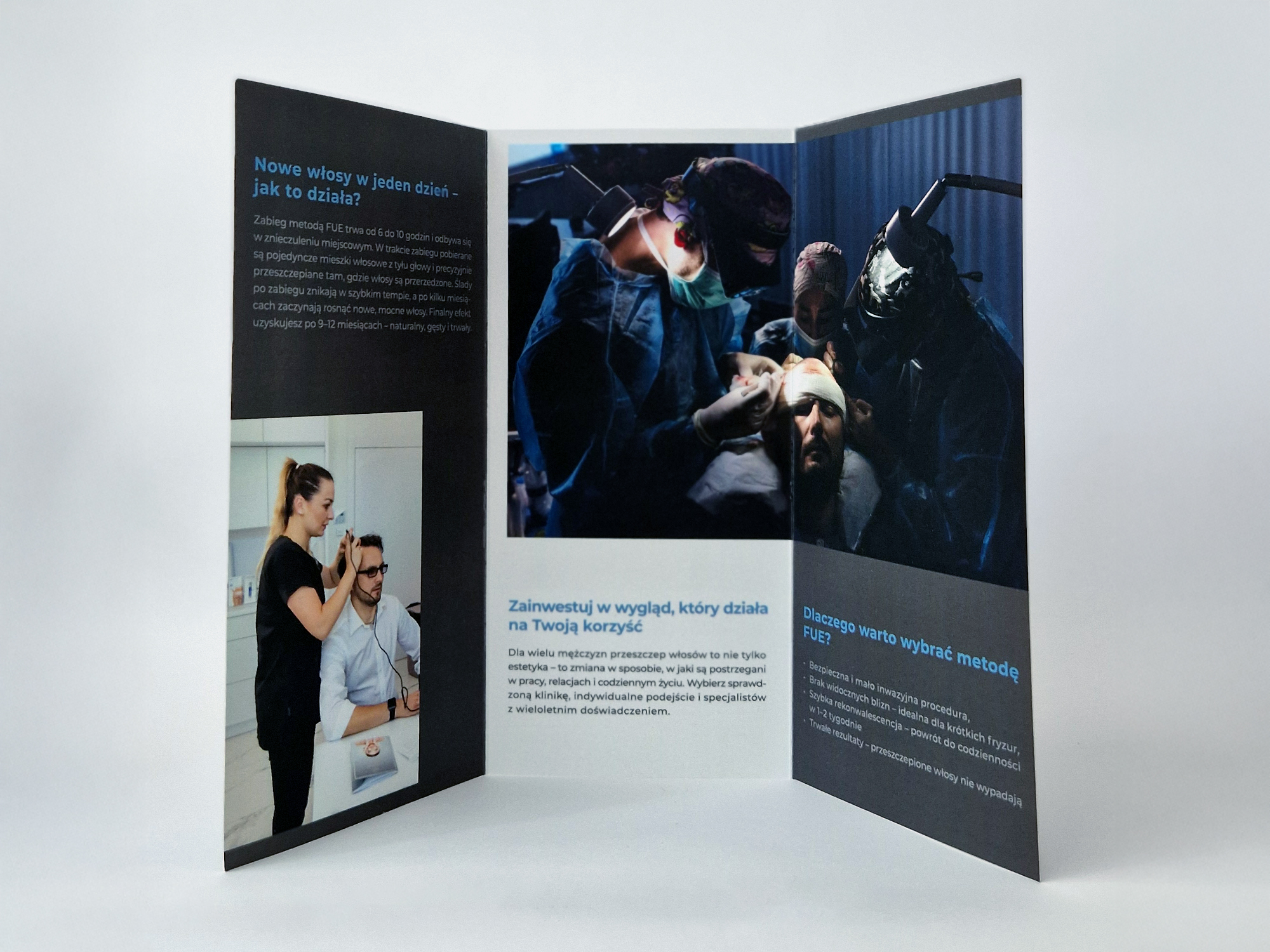 Ulotka trójdzielna - przeszczepy włosów strona pierwsza